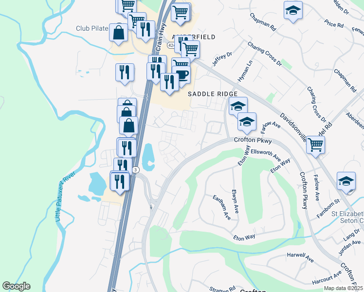 map of restaurants, bars, coffee shops, grocery stores, and more near 1668 Carlyle Drive in Crofton