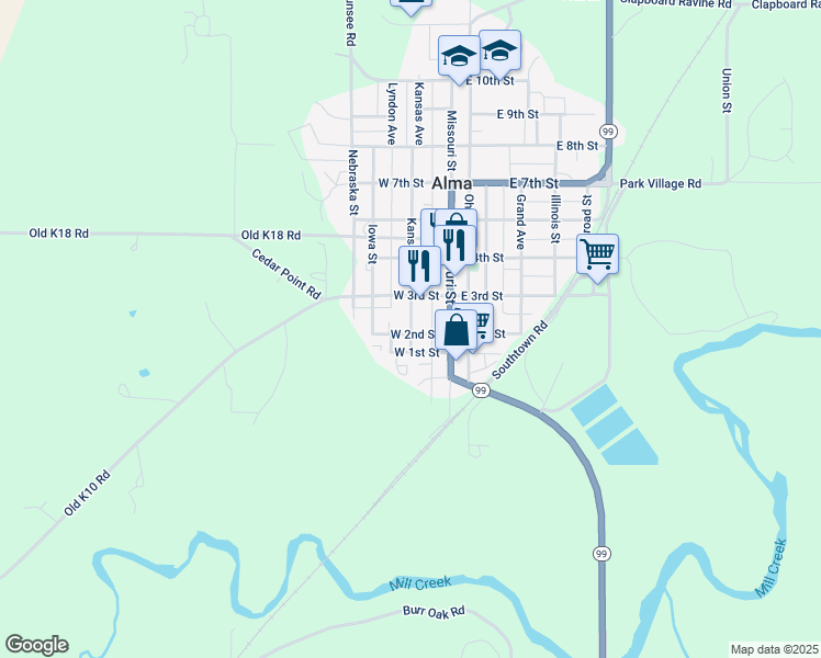 map of restaurants, bars, coffee shops, grocery stores, and more near 215 Kansas Avenue in Alma
