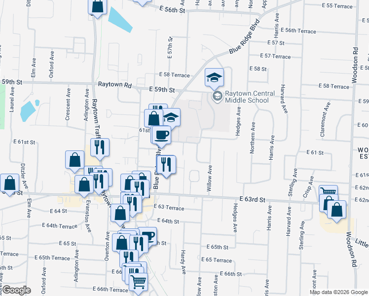 map of restaurants, bars, coffee shops, grocery stores, and more near 10309 East 61st Street in Raytown