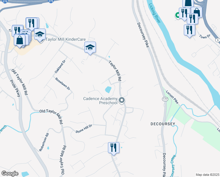 map of restaurants, bars, coffee shops, grocery stores, and more near 725 Rosewood Drive in Taylor Mill
