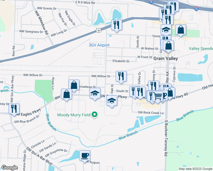 map of restaurants, bars, coffee shops, grocery stores, and more near 605 Broadway Street in Grain Valley