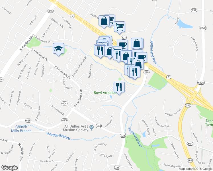 map of restaurants, bars, coffee shops, grocery stores, and more near 21775 Baldwin Square in Sterling