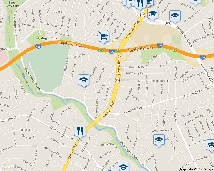 map of restaurants, bars, coffee shops, grocery stores, and more near 9516 Thornhill Rd in Silver Spring