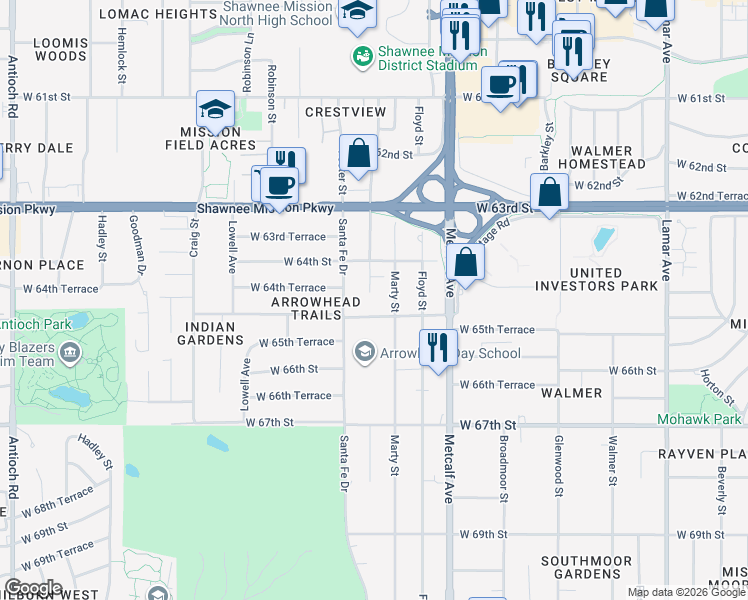 map of restaurants, bars, coffee shops, grocery stores, and more near 6431 Riley Street in Mission