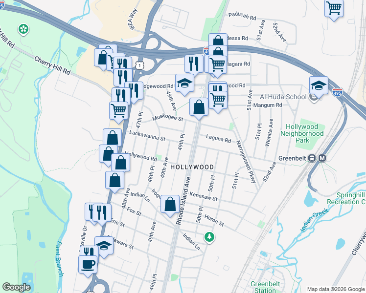 map of restaurants, bars, coffee shops, grocery stores, and more near 4909 Lackawanna Street in College Park