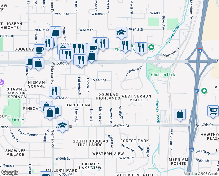 map of restaurants, bars, coffee shops, grocery stores, and more near 6417 Switzer Lane in Shawnee