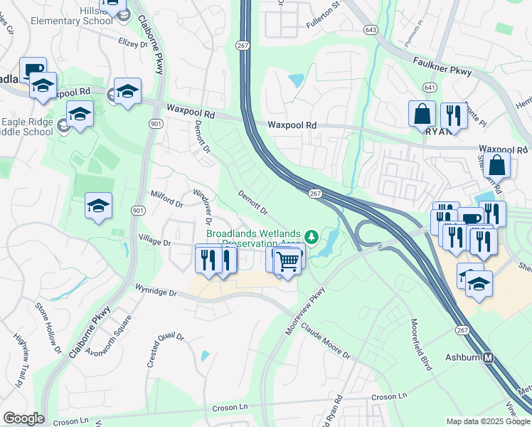 map of restaurants, bars, coffee shops, grocery stores, and more near Demott Drive in Ashburn