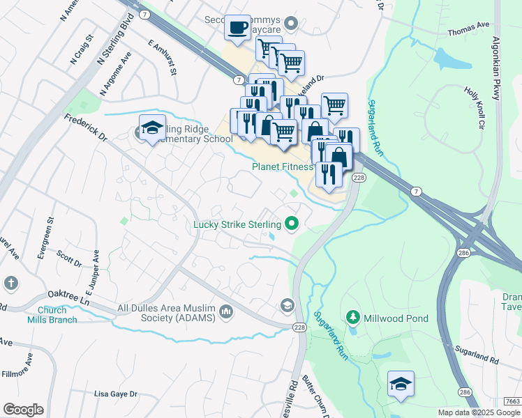 map of restaurants, bars, coffee shops, grocery stores, and more near 21773 Baldwin Square in Sterling