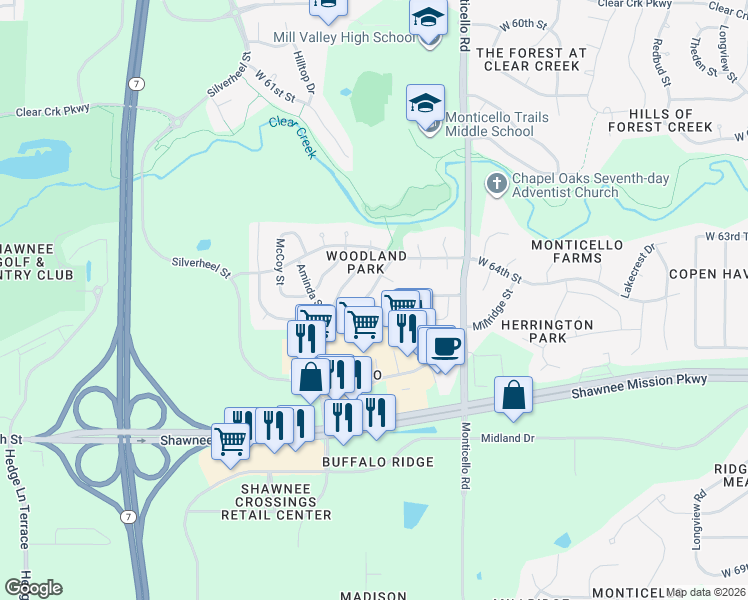 map of restaurants, bars, coffee shops, grocery stores, and more near 6435 Roundtree Street in Shawnee