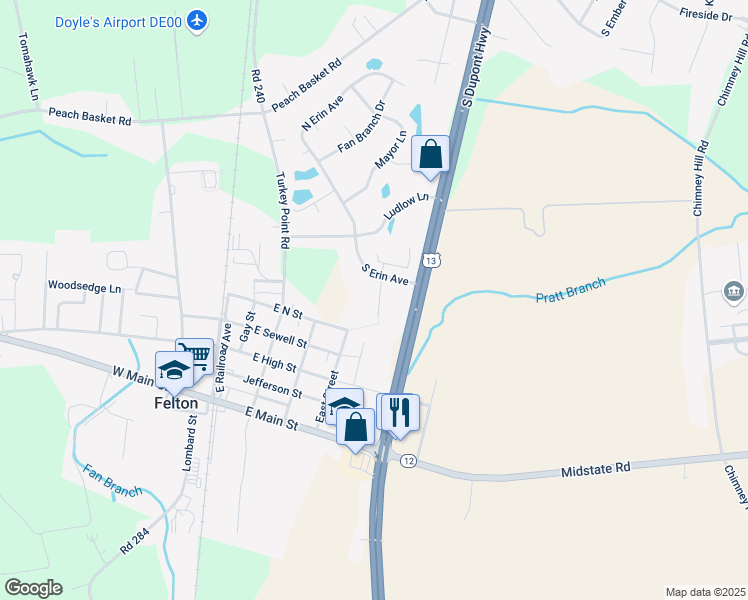 map of restaurants, bars, coffee shops, grocery stores, and more near 409 Ryan Court in Felton