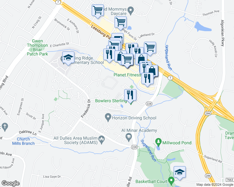 map of restaurants, bars, coffee shops, grocery stores, and more near 21771 Baldwin Square in Sterling