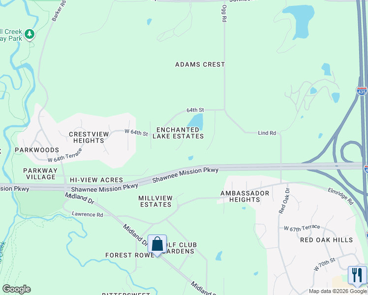map of restaurants, bars, coffee shops, grocery stores, and more near 6416 Hillside Street in Shawnee