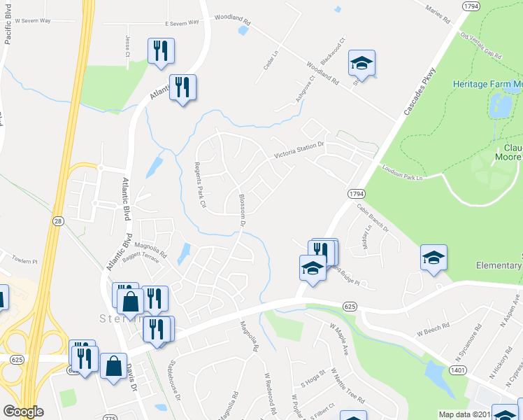 map of restaurants, bars, coffee shops, grocery stores, and more near 45655 Paddington Station Terrace in Sterling
