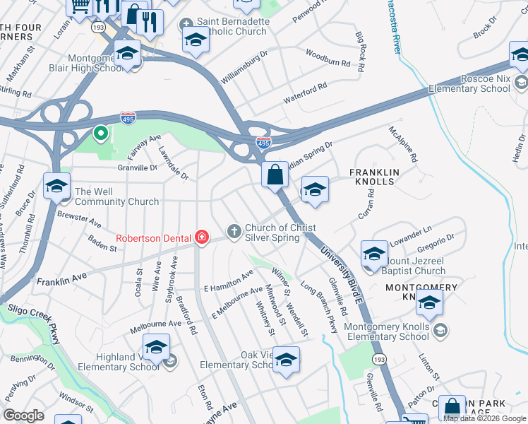 map of restaurants, bars, coffee shops, grocery stores, and more near 9504 Garwood Street in Silver Spring
