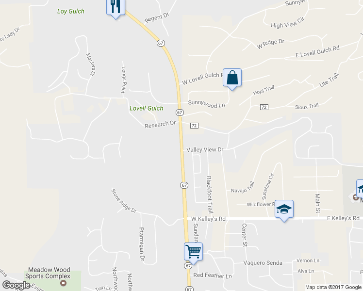map of restaurants, bars, coffee shops, grocery stores, and more near Highway 67 in Woodland Park