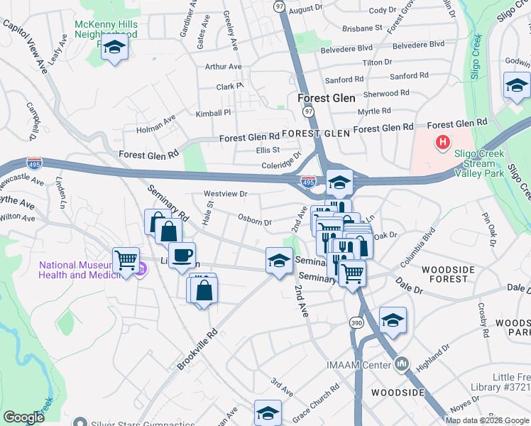 map of restaurants, bars, coffee shops, grocery stores, and more near 2022 Lansdowne Way in Silver Spring