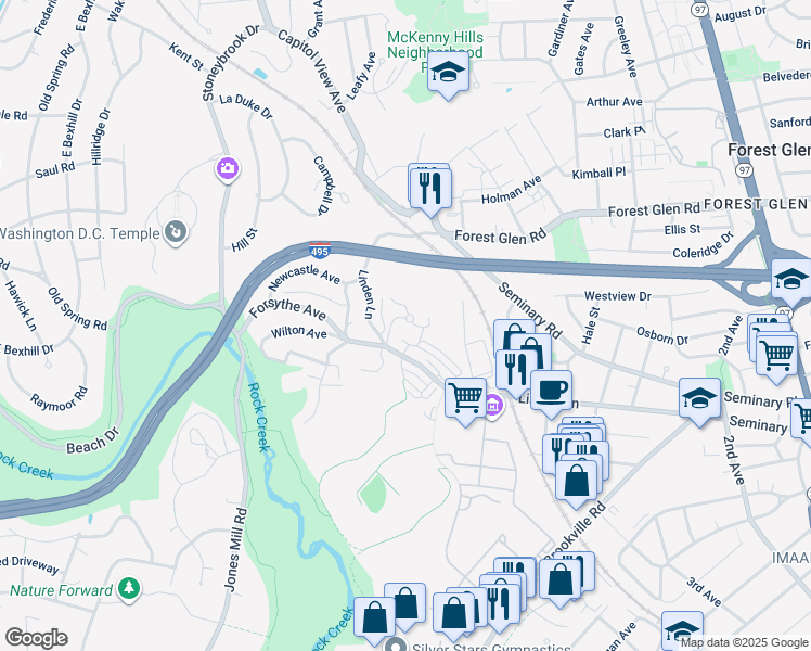 map of restaurants, bars, coffee shops, grocery stores, and more near 9615 Dewitt Drive in Silver Spring