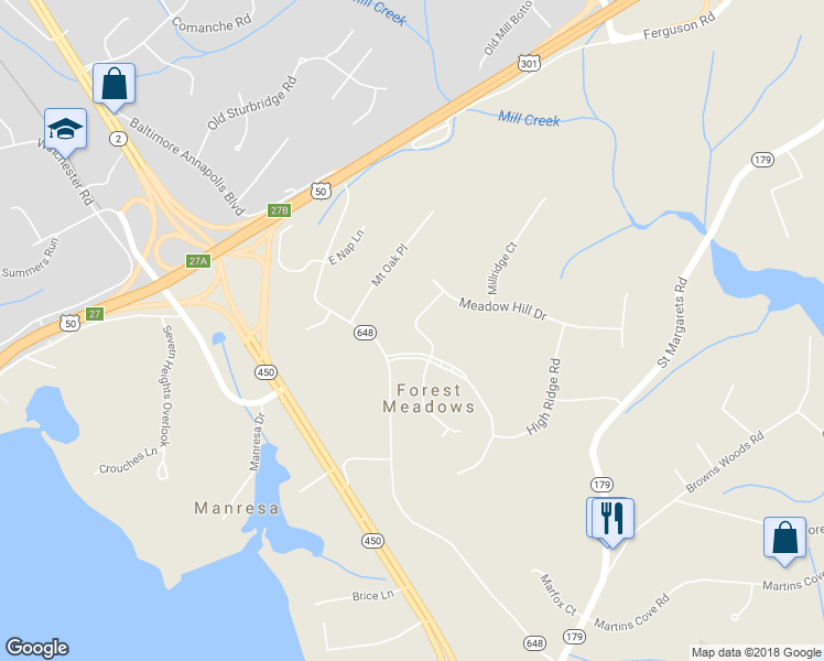 map of restaurants, bars, coffee shops, grocery stores, and more near 1722 Long Green Dr in Annapolis