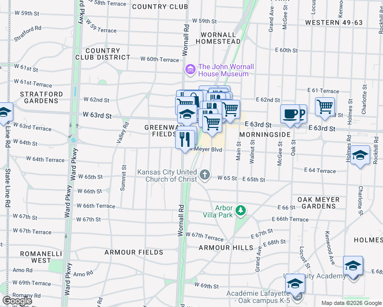 map of restaurants, bars, coffee shops, grocery stores, and more near 333 West Meyer Boulevard in Kansas City