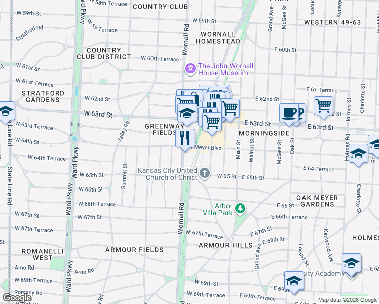 map of restaurants, bars, coffee shops, grocery stores, and more near 333 West Meyer Boulevard in Kansas City