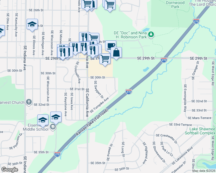 map of restaurants, bars, coffee shops, grocery stores, and more near 3021 Southeast Mareta Circle in Topeka