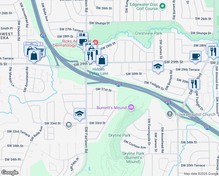 map of restaurants, bars, coffee shops, grocery stores, and more near 3100 Southwest Crest Drive in Topeka