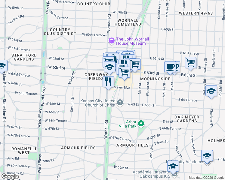map of restaurants, bars, coffee shops, grocery stores, and more near 333 West Meyer Boulevard in Kansas City