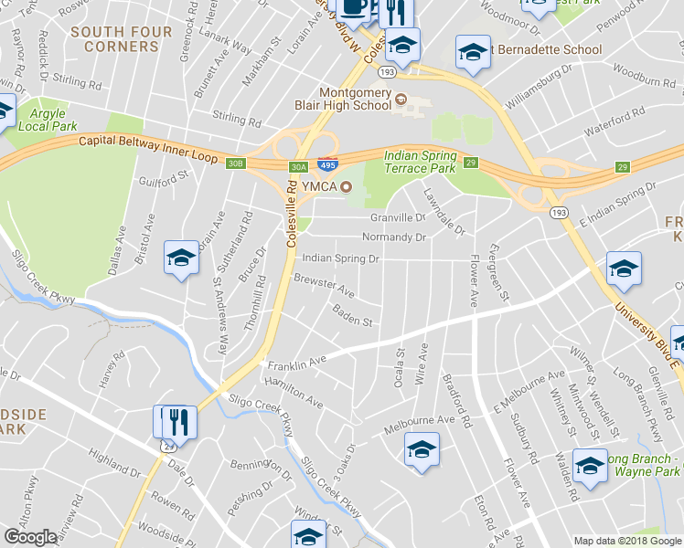 map of restaurants, bars, coffee shops, grocery stores, and more near 9505 Worth Avenue in Silver Spring