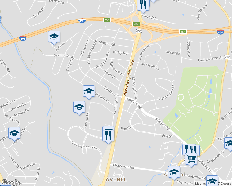 map of restaurants, bars, coffee shops, grocery stores, and more near 9500 Avenel Road in Silver Spring