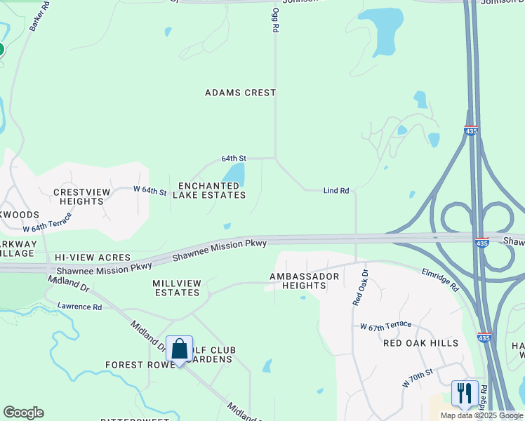 map of restaurants, bars, coffee shops, grocery stores, and more near 6417 Gladstone Drive in Shawnee