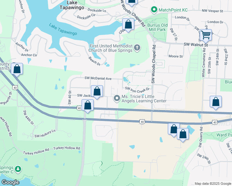map of restaurants, bars, coffee shops, grocery stores, and more near 804 Southwest Pinebrook Village Court in Blue Springs