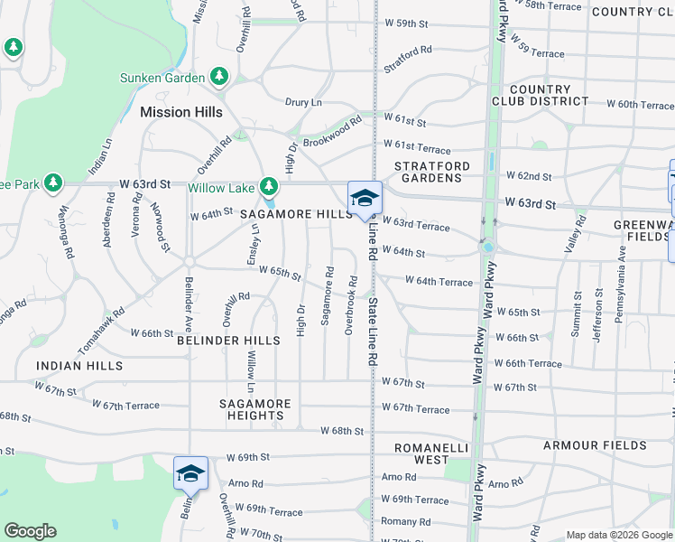 map of restaurants, bars, coffee shops, grocery stores, and more near 6435 Sagamore Road in Mission Hills
