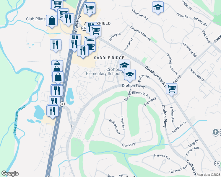 map of restaurants, bars, coffee shops, grocery stores, and more near 1581 Crofton Parkway in Crofton