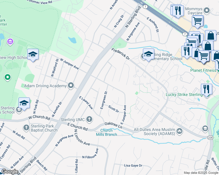 map of restaurants, bars, coffee shops, grocery stores, and more near 132 Evergreen Street in Sterling