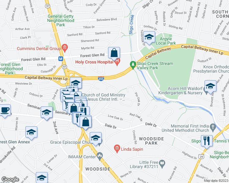 map of restaurants, bars, coffee shops, grocery stores, and more near 9512 Columbia Boulevard in Silver Spring