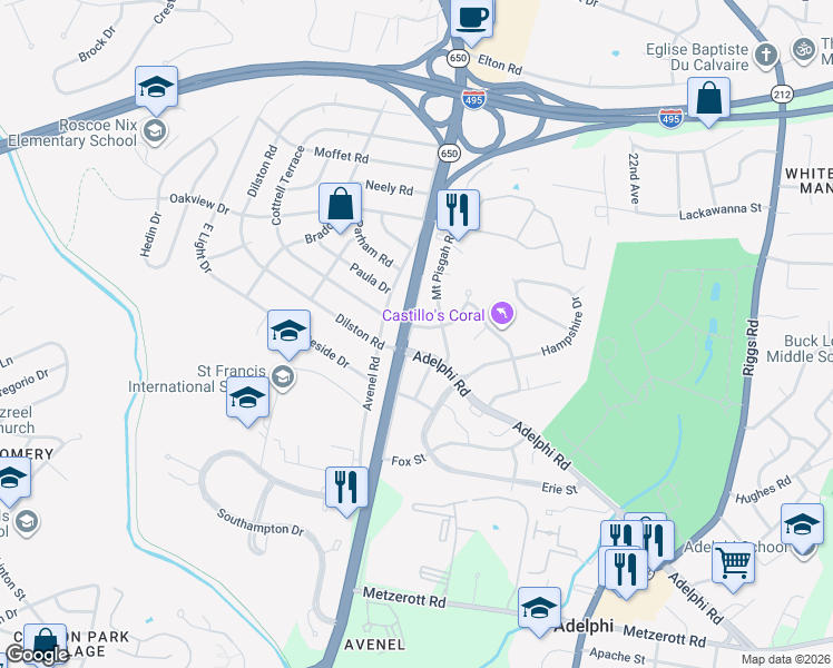 map of restaurants, bars, coffee shops, grocery stores, and more near 9505 New Hampshire Avenue in Silver Spring