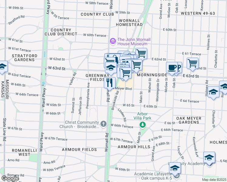 map of restaurants, bars, coffee shops, grocery stores, and more near 333 West Meyer Boulevard in Kansas City