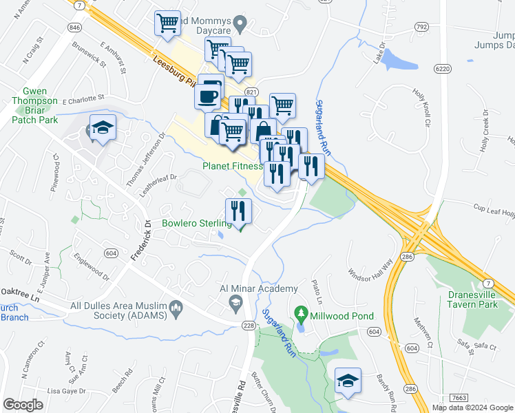 map of restaurants, bars, coffee shops, grocery stores, and more near 21805 Westminster Place in Sterling