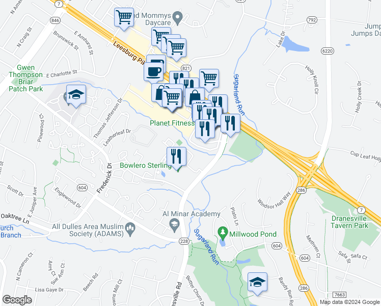 map of restaurants, bars, coffee shops, grocery stores, and more near 21800 Westminster Place in Sterling