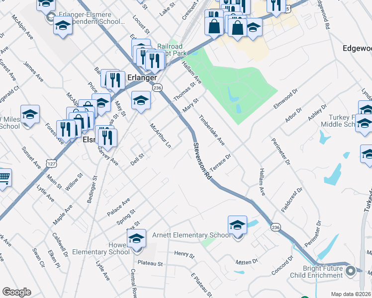 map of restaurants, bars, coffee shops, grocery stores, and more near 3506 Susan Lewis Drive in Erlanger