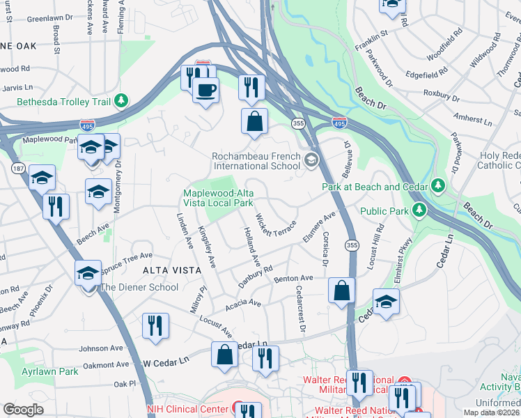 map of restaurants, bars, coffee shops, grocery stores, and more near 5123 Wickett Terrace in Bethesda
