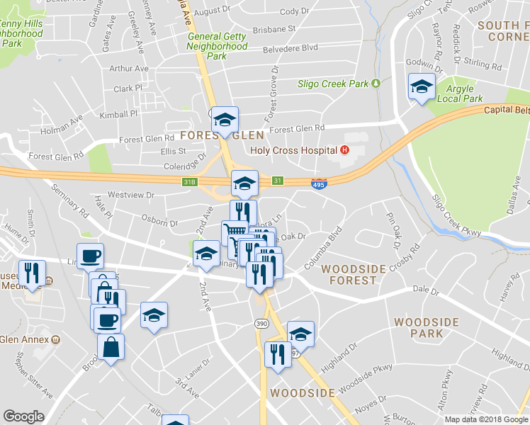 map of restaurants, bars, coffee shops, grocery stores, and more near 9511 Woodland Dr in Silver Spring