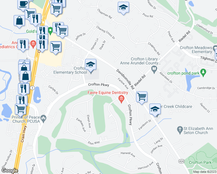 map of restaurants, bars, coffee shops, grocery stores, and more near 1551 Crofton Parkway in Crofton