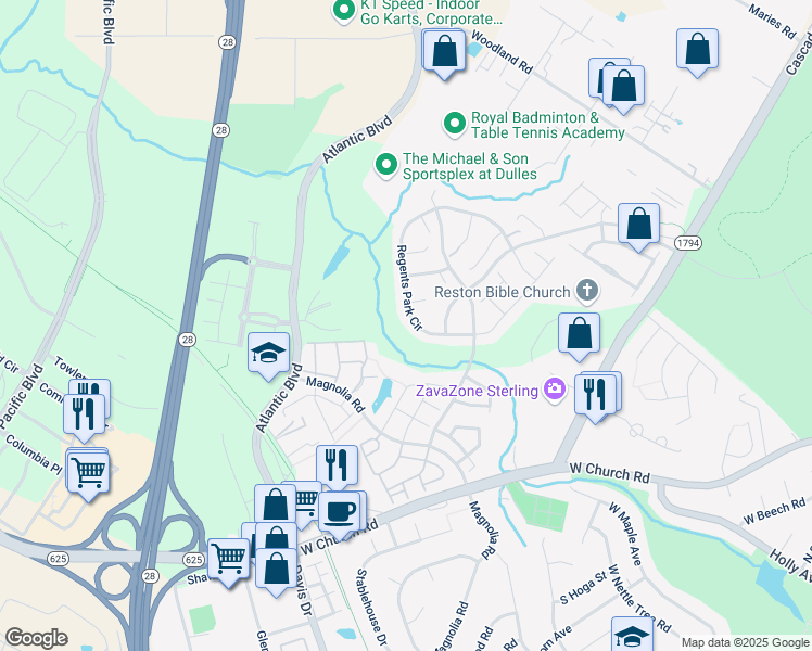 map of restaurants, bars, coffee shops, grocery stores, and more near 21813 Regents Park Circle in Sterling