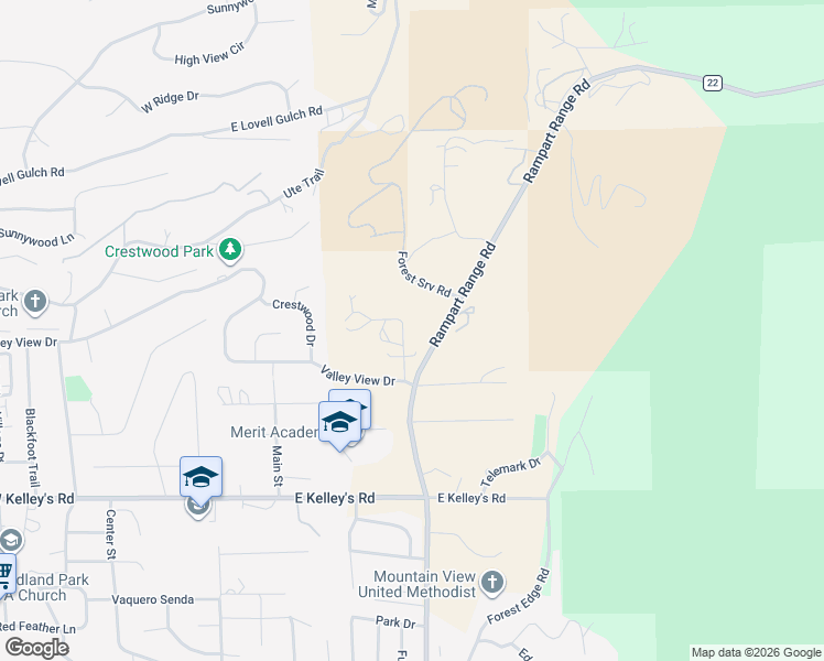 map of restaurants, bars, coffee shops, grocery stores, and more near 1380 Rampart Range Road in Woodland Park
