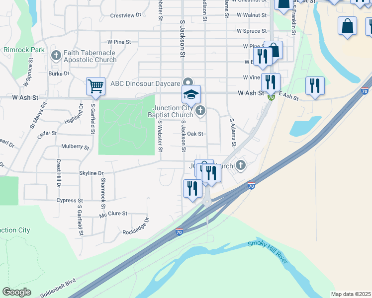 map of restaurants, bars, coffee shops, grocery stores, and more near 429 Maple Street in Junction City