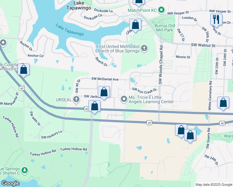 map of restaurants, bars, coffee shops, grocery stores, and more near 801 Southwest 36th Street Terrace in Blue Springs