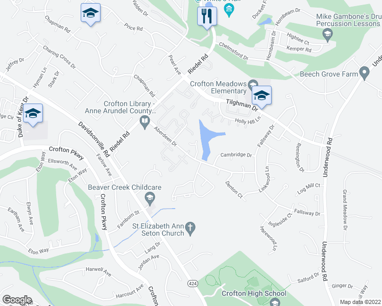 map of restaurants, bars, coffee shops, grocery stores, and more near 2032 Aberdeen Drive in Crofton