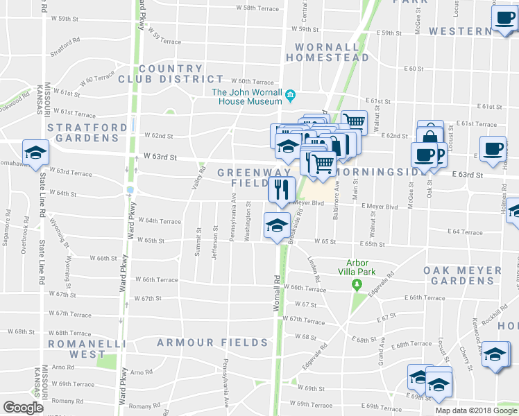 map of restaurants, bars, coffee shops, grocery stores, and more near 425 West Meyer Boulevard in Kansas City