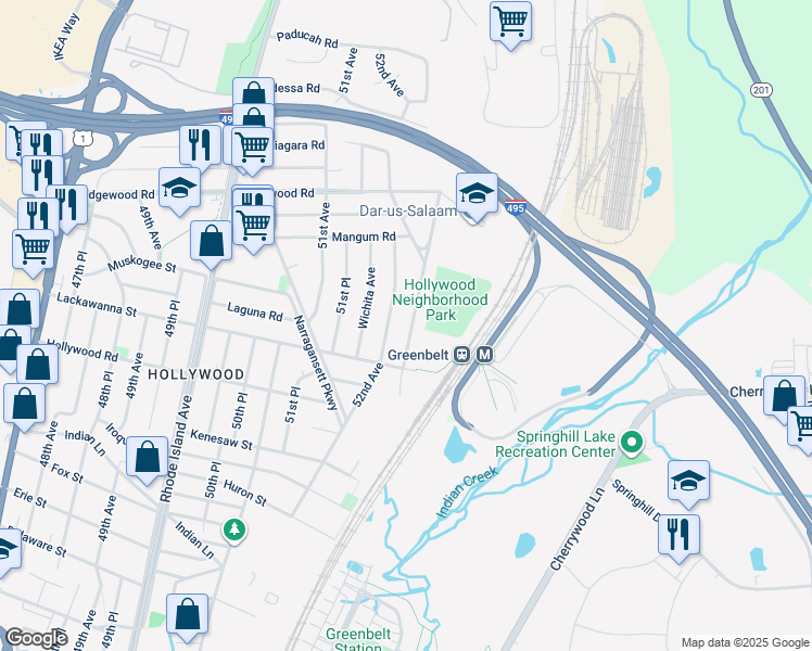 map of restaurants, bars, coffee shops, grocery stores, and more near 9716 53rd Avenue in College Park